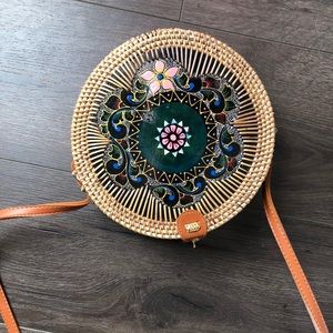 Balinese straw circle bag w hand painted wood